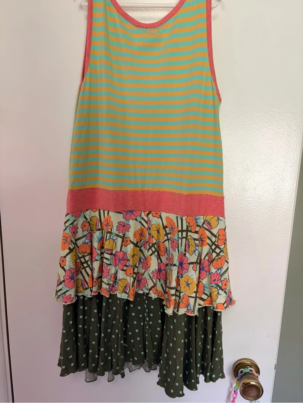 Matilda Jane Coral Trim Striped Tank Dress with Turquoise, Yellow & Olive Panels